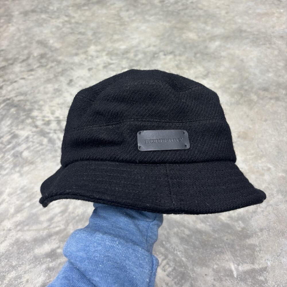 Vtg Burberry London Made in England Womens Sz L Wool Black Bucket Hat Logo Patch
